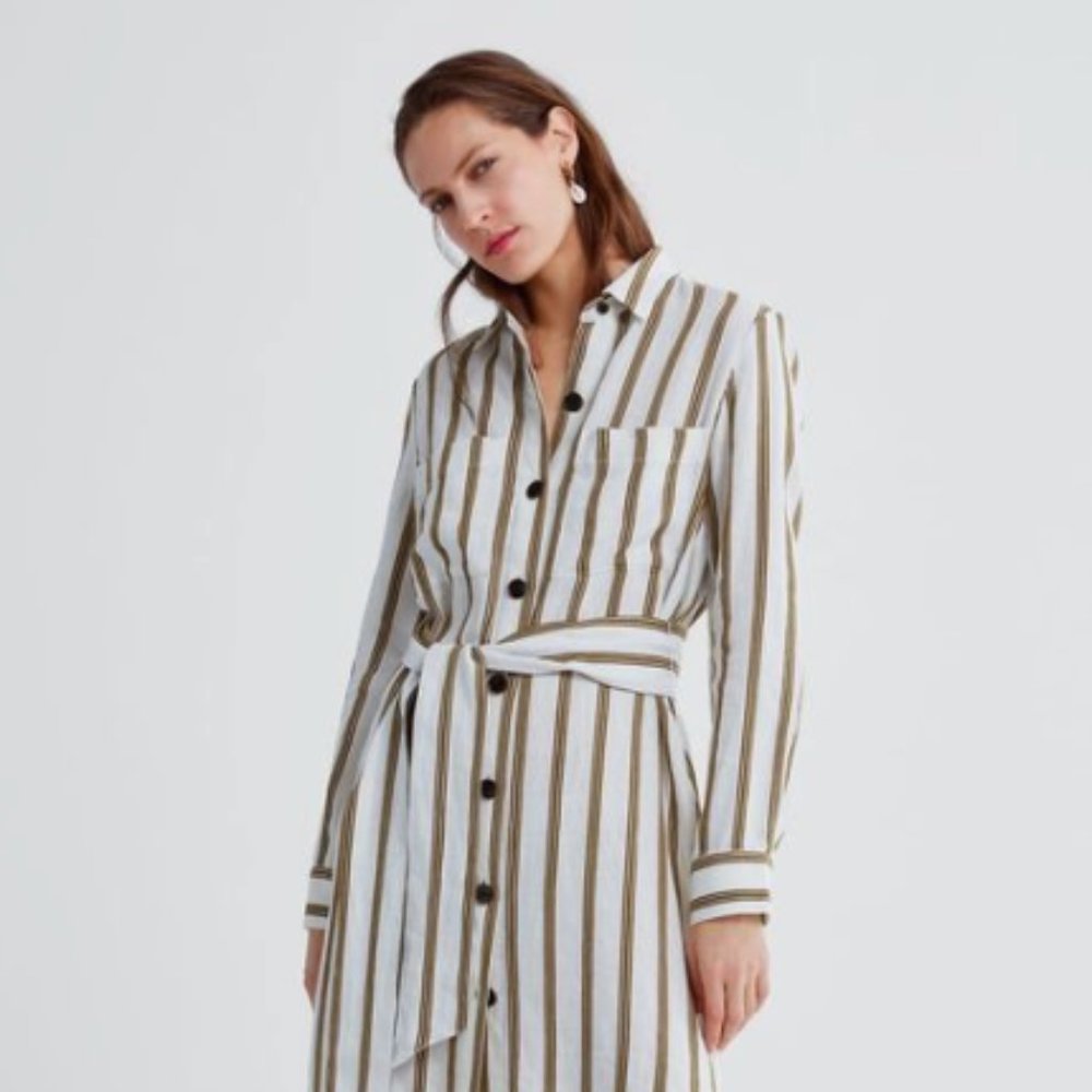 ZARA Striped Linen Shirt Dress with Self Tie Belt White Button-Down Boho Medium